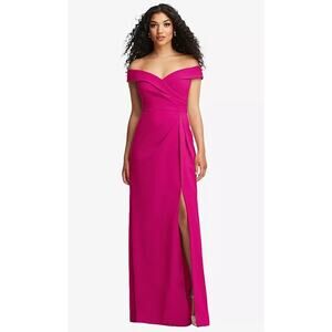 2817 NWOT After Six 6872 Cuffed Off-the-Shoulder Pleated Faux Wrap Maxi Dress